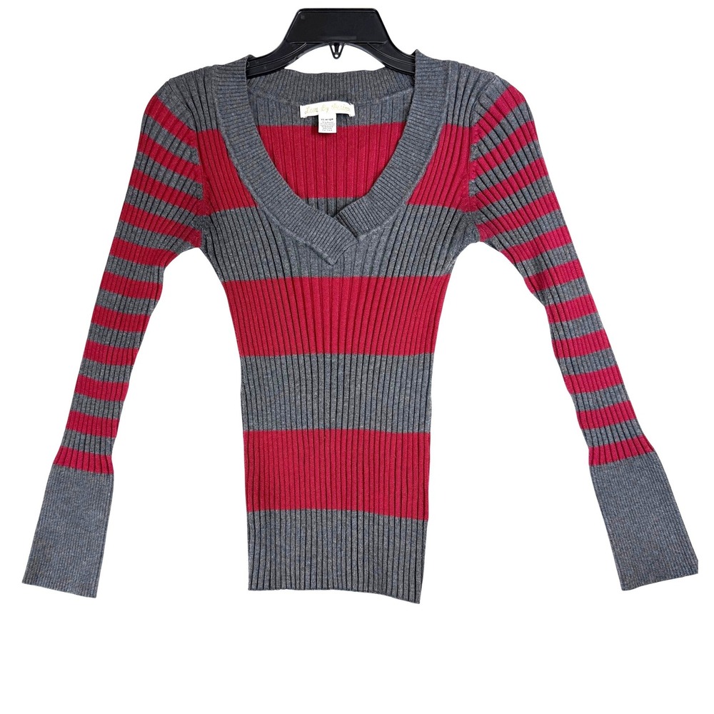 Love By Design Sweater Womens XL Grey Red Striped Ribbed V-Neck Grunge Indie Y2K